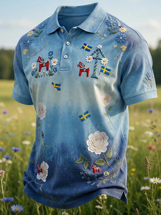 Retro Midsummer Festival Art Print Polo Shirt — Casual & Comfortable