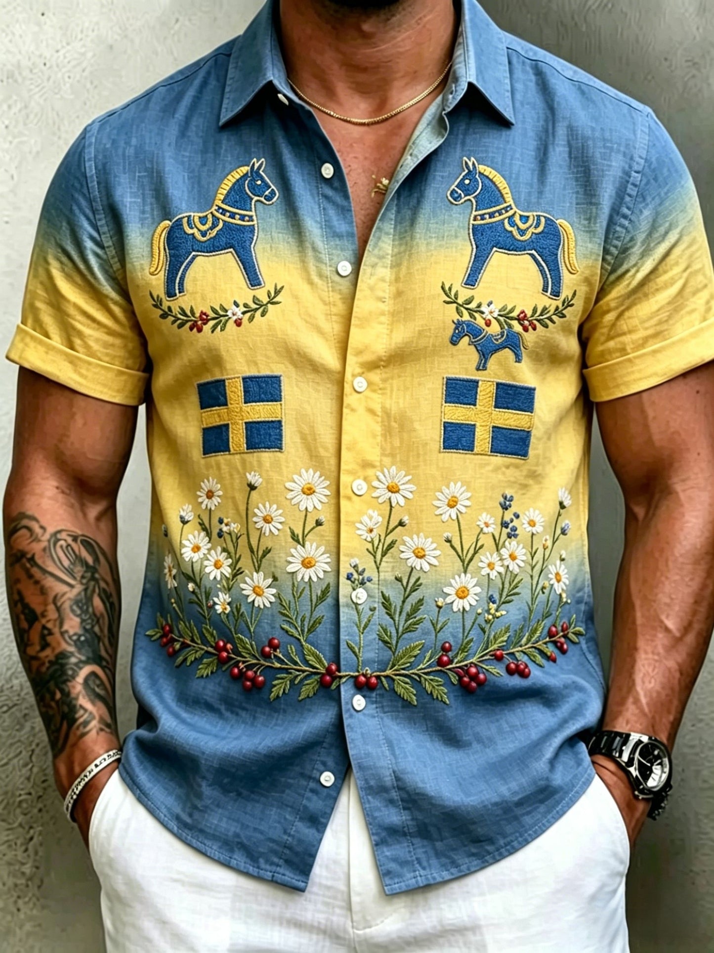 Men's Retro Swedish Midsummer Folk Floral Cotton-Linen Short-Sleeve Shirts