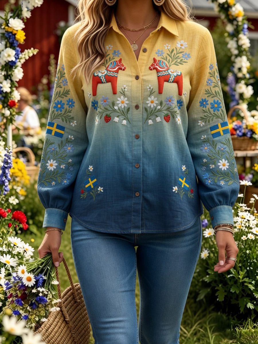 Retro Midsummer Festival Art Print Casual Shirt