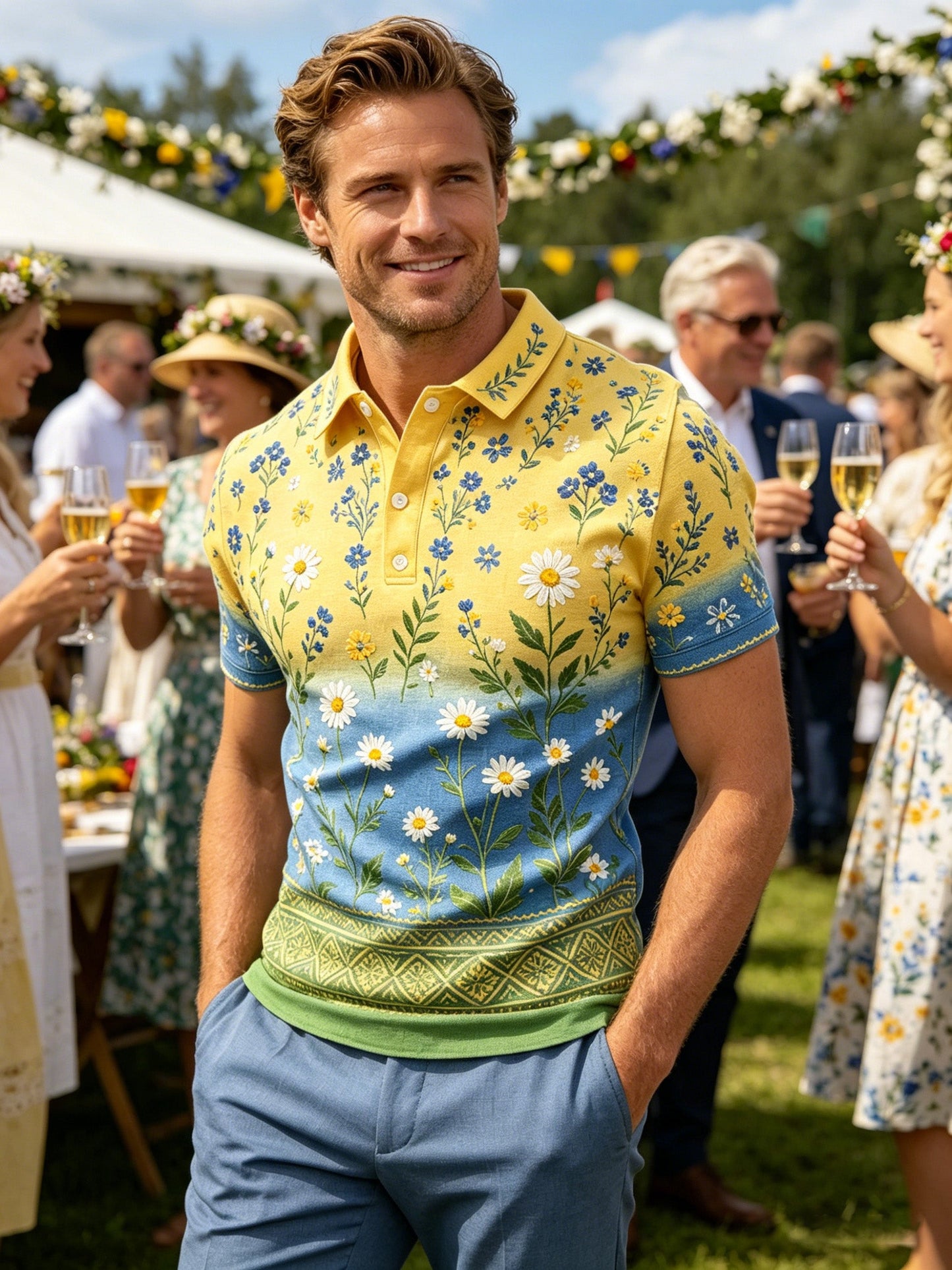 Men's Swedish Midsummer Festival Art-Print Polo Shirt