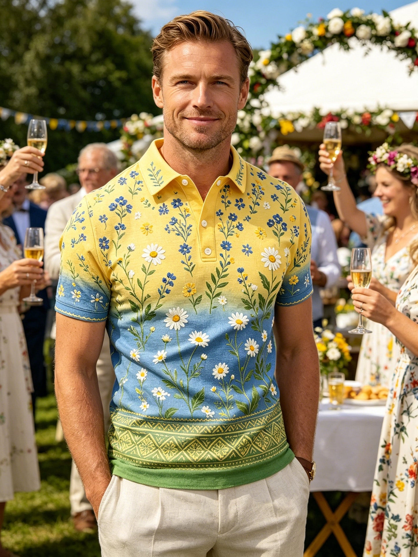 Men's Swedish Midsummer Festival Art-Print Polo Shirt