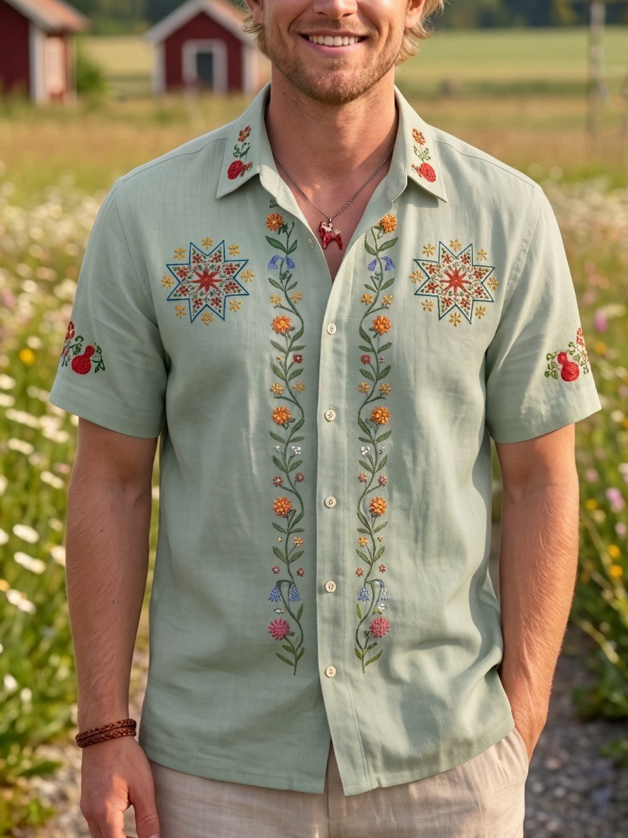 Men's Retro Swedish Midsummer Folk Floral Cotton-Linen Short-Sleeve Shirts