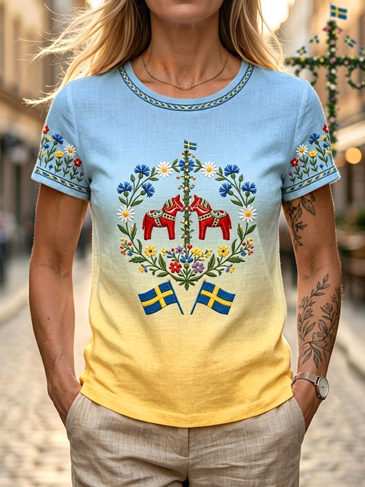 Women's Retro Swedish Midsummer Floral Gradient Cotton-Linen T-Shirt