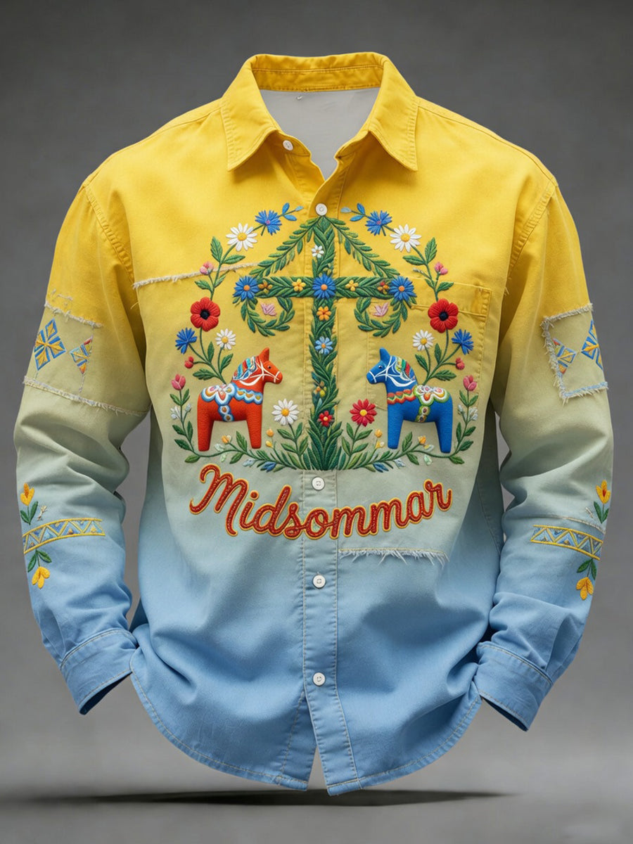 Retro Midsummer Festival Art Print Casual Shirt