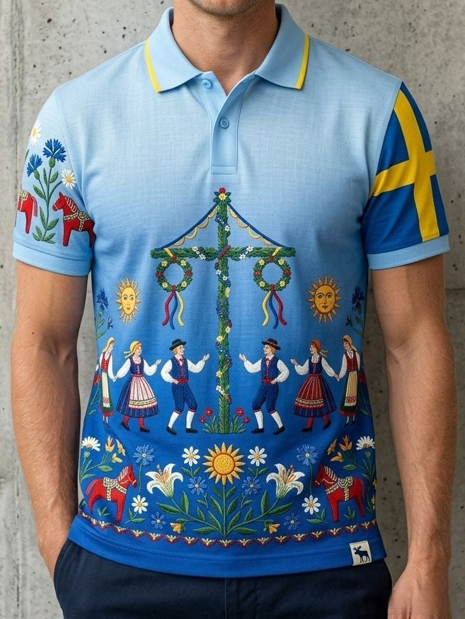 Men's Retro Swedish Midsummer Folk Floral Cotton-Linen Short-Sleeve Polo Shirt