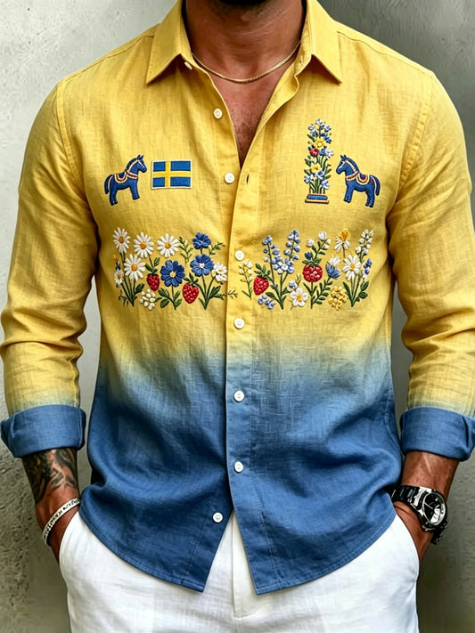 Men's Retro Swedish Midsummer Folk Floral Cotton-Linen Long-Sleeve Shirt