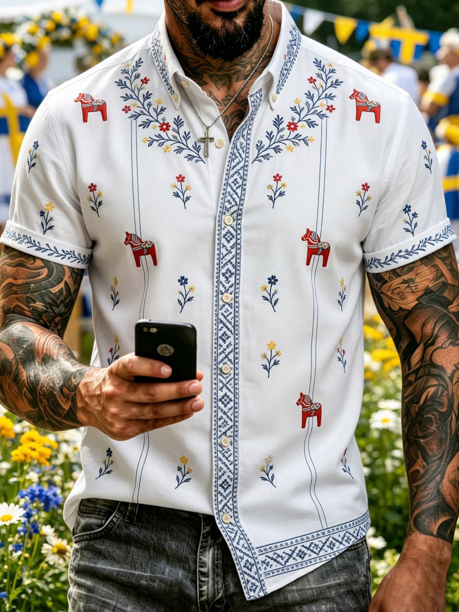 Retro Midsummer Festival Art Print Casual Shirt