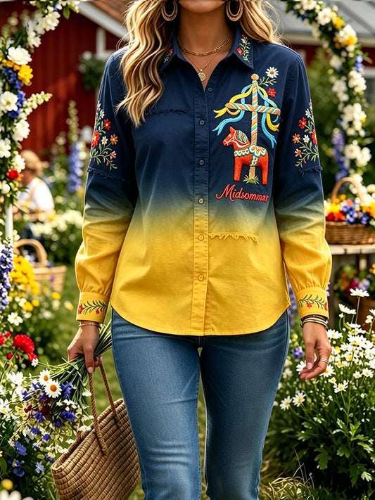 Retro Midsummer Festival Art Print Casual Shirt