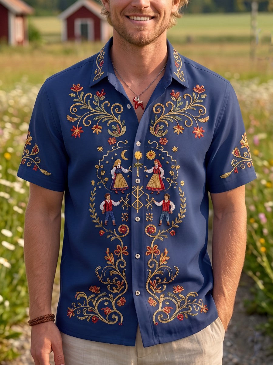 Men's Retro Swedish Midsummer Folk Floral Cotton-Linen Short-Sleeve Shirts