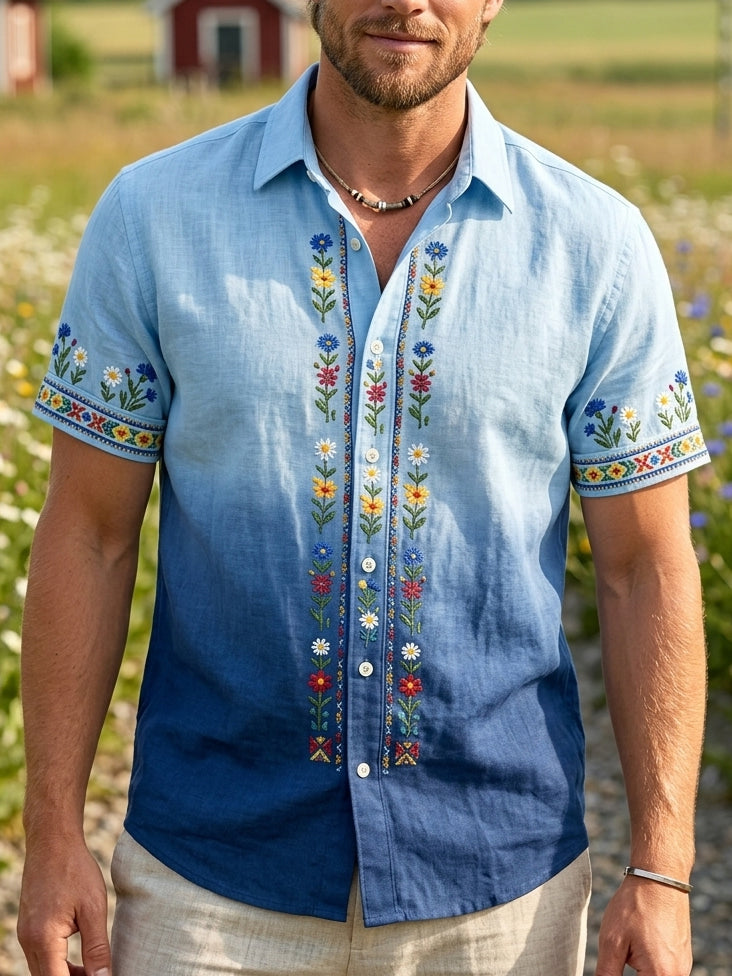 Men's Retro Swedish Midsummer Folk Floral Cotton-Linen Short-Sleeve Shirts