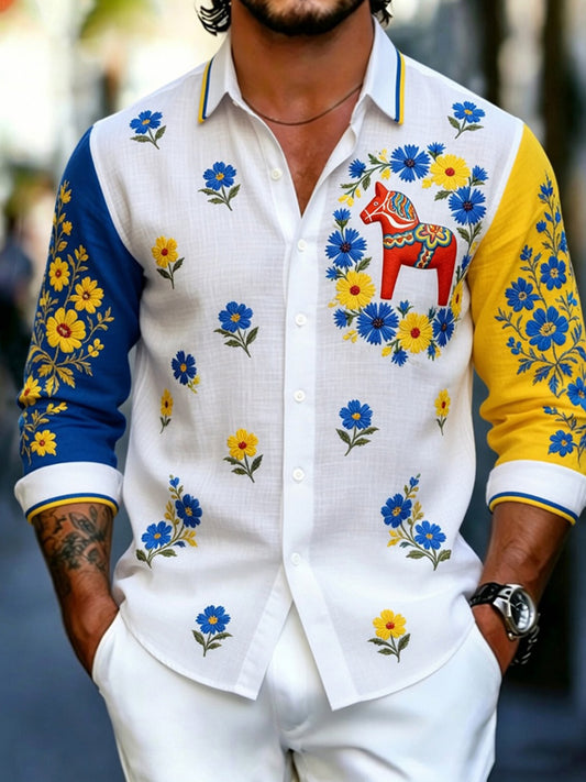 Retro Midsummer Festival Art Print Casual Shirt