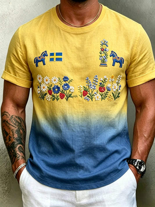Men's Retro Swedish Midsummer Folk Floral Cotton-Linen Short-Sleeve T-Shirt