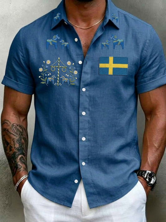 Men's Retro Swedish Midsummer Folk Floral Cotton-Linen Short-Sleeve Shirts