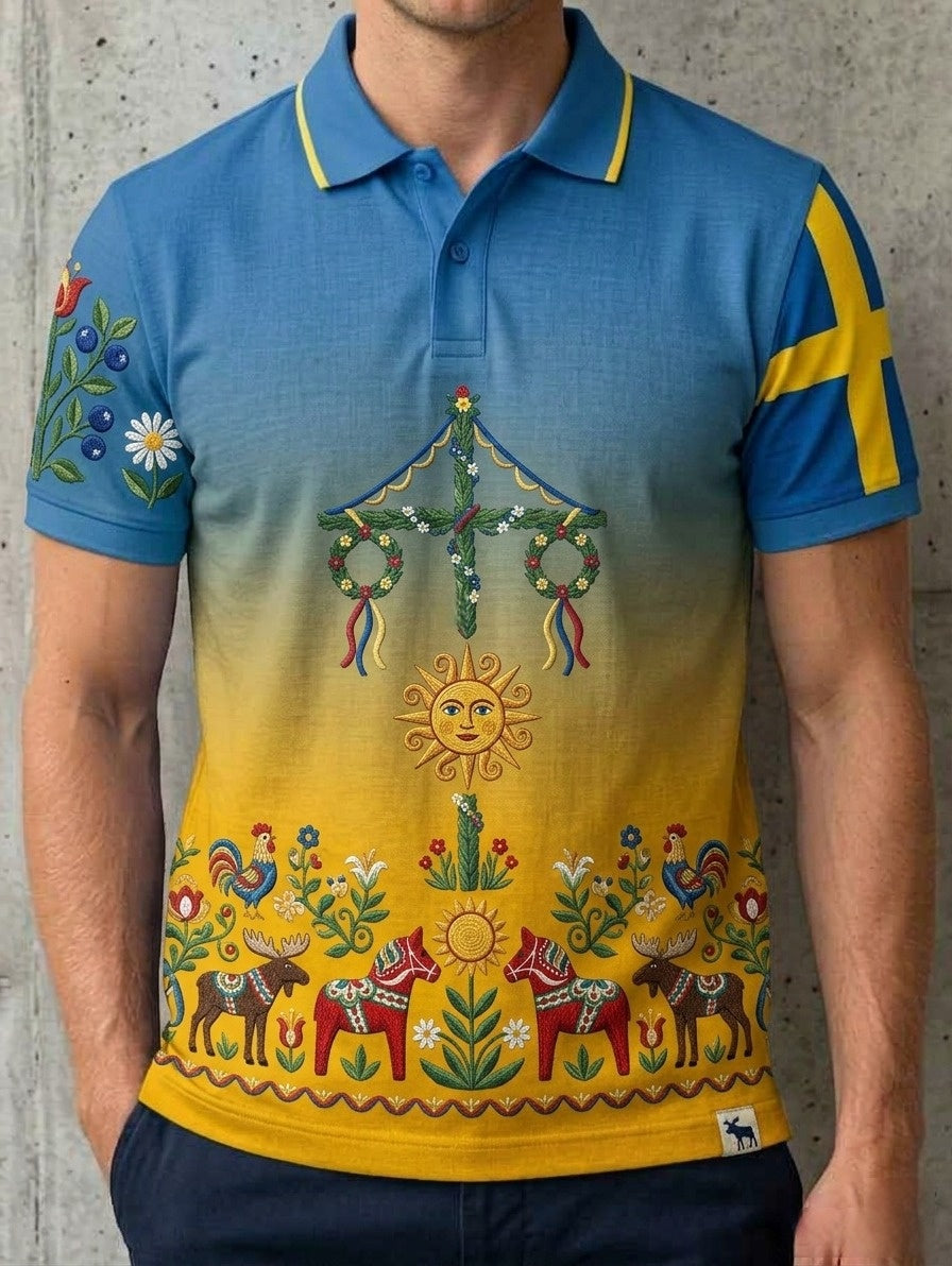 Men's Retro Swedish Midsummer Folk Floral Cotton-Linen Short-Sleeve Polo Shirt