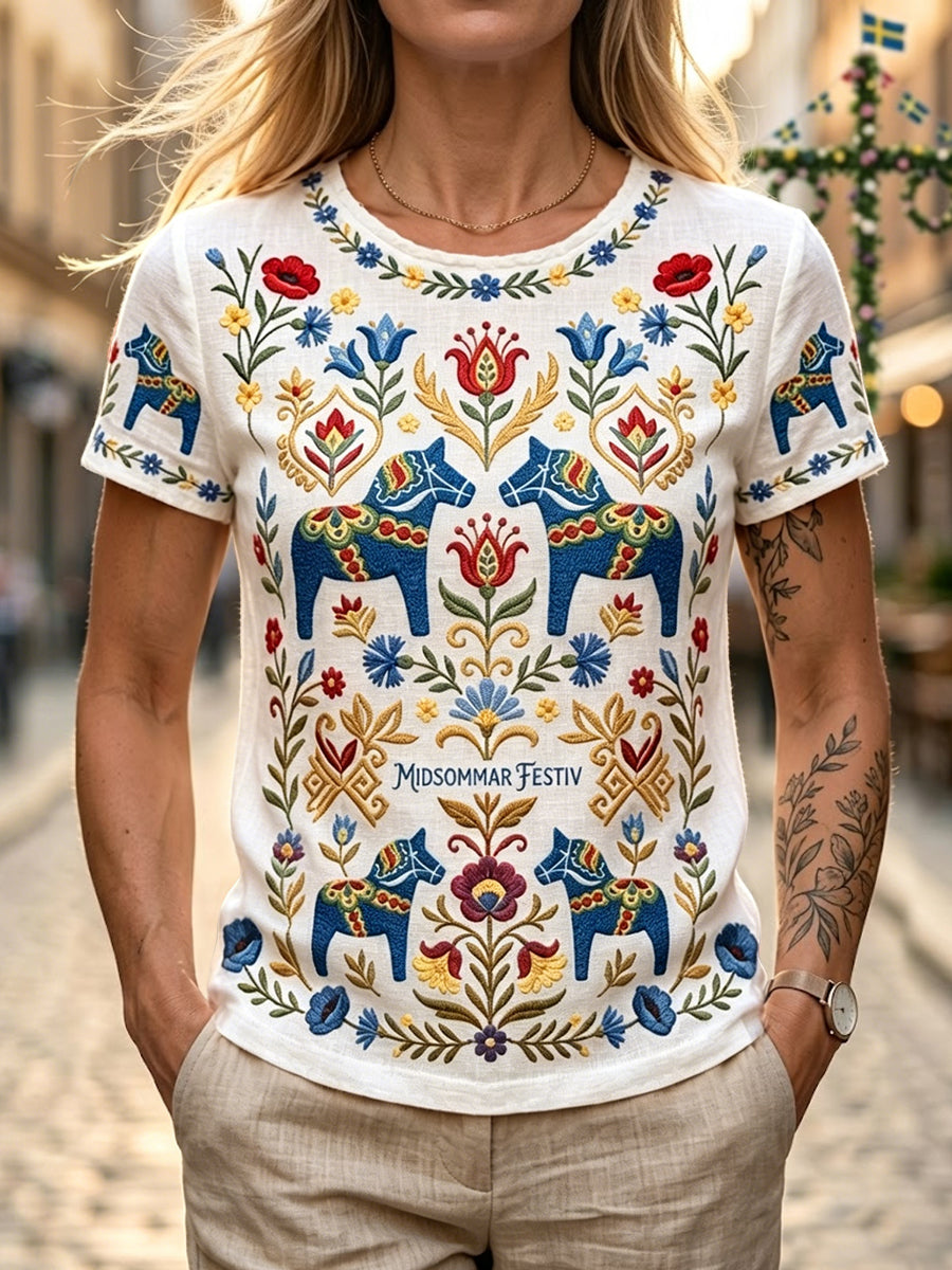 Women's Retro Swedish Midsummer Floral & Dala Horse Cotton-Linen T-Shirt
