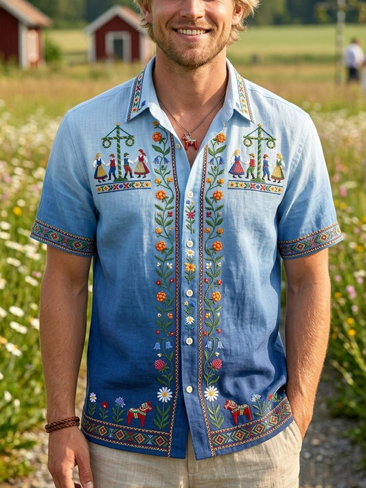 Men's Retro Swedish Midsummer Folk Floral Cotton-Linen Short-Sleeve Shirts