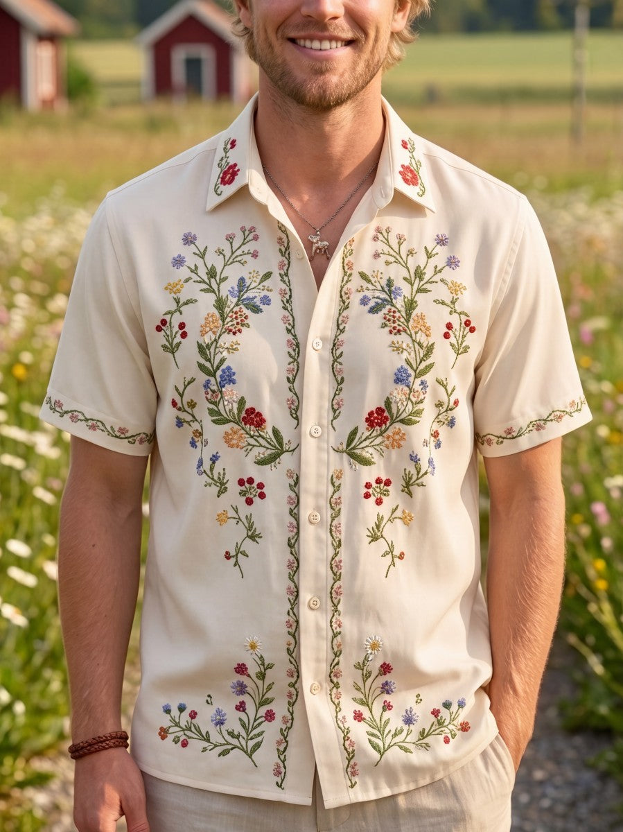 Men's Retro Swedish Midsummer Folk Floral Cotton-Linen Short-Sleeve Shirts