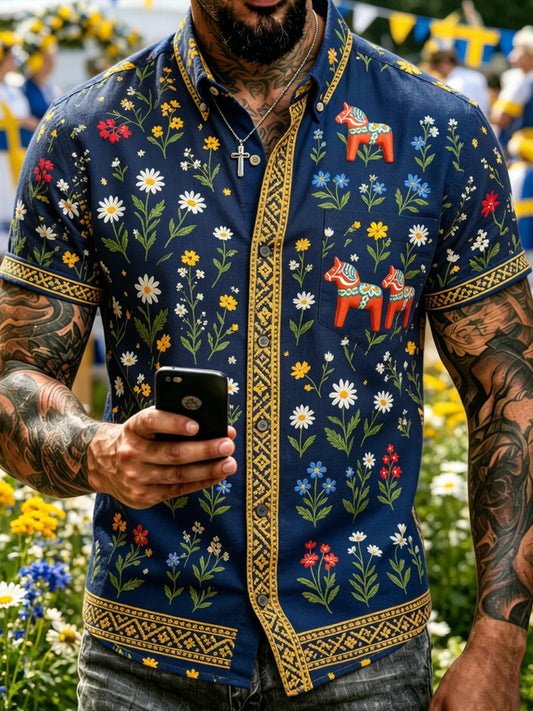 Retro Midsummer Festival Art Print Casual Shirt