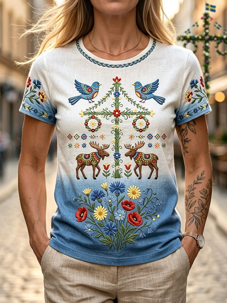Women's Retro Swedish Midsummer Floral Cotton-Linen T-Shirt