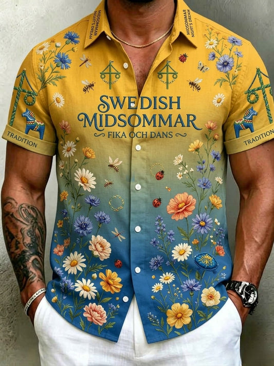 Men's Retro Swedish Midsummer Folk Floral Cotton-Linen Short-Sleeve Shirts