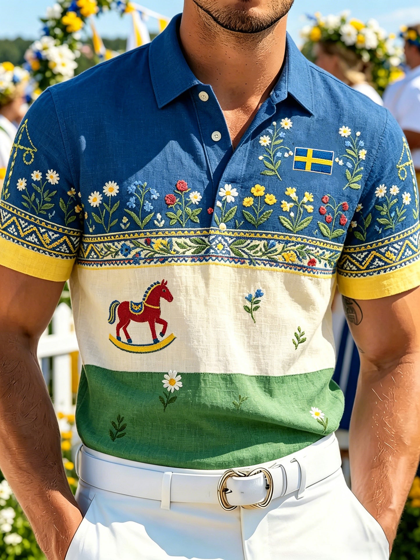 Men's Swedish Midsummer Festival Commemorative Art-Print Short-Sleeve Polo Shirt