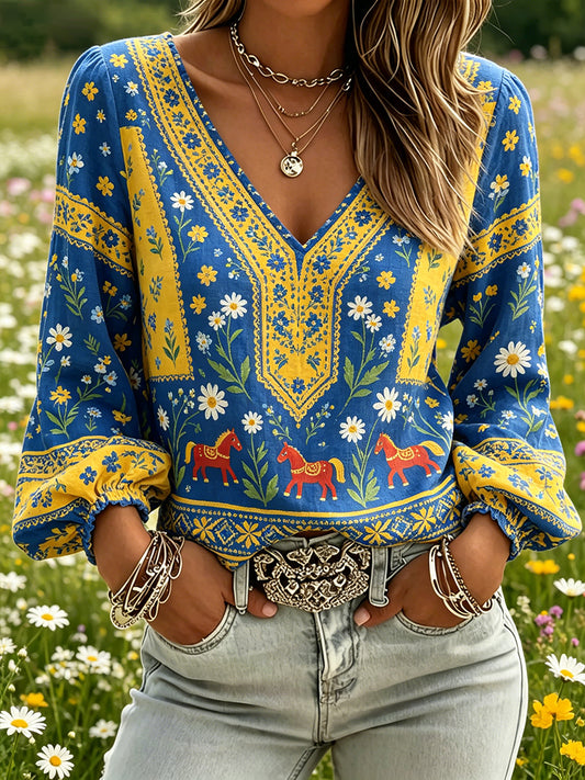 Women's Midsummer-Themed Floral Print V-Neck Puff-Sleeve Top