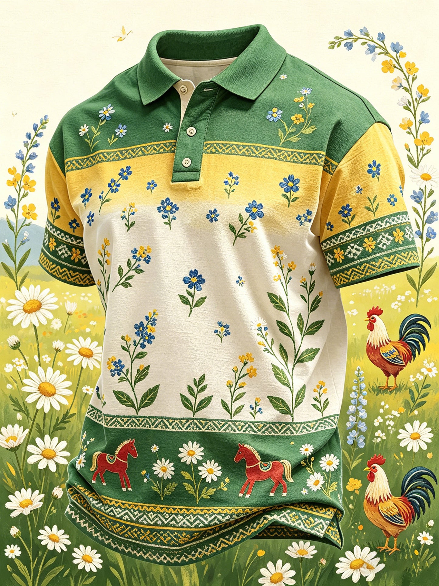 Men's Swedish Midsummer Festival Commemorative Art-Print Short-Sleeve Polo Shirt