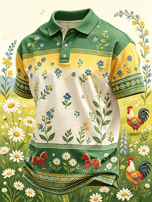 Men's Swedish Midsummer Festival Commemorative Art-Print Short-Sleeve Polo Shirt