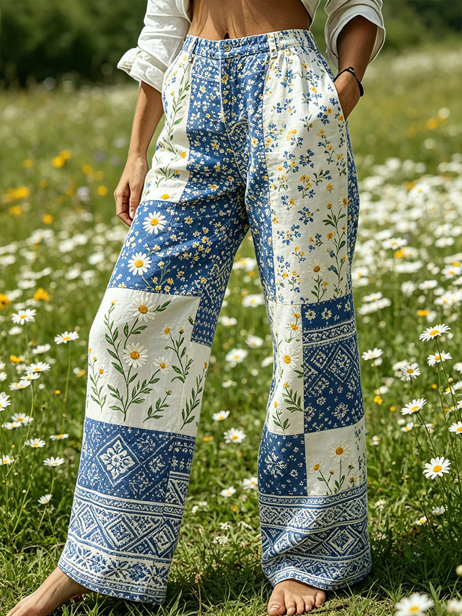 Women's Midsummer-Themed Floral Print Casual Trousers