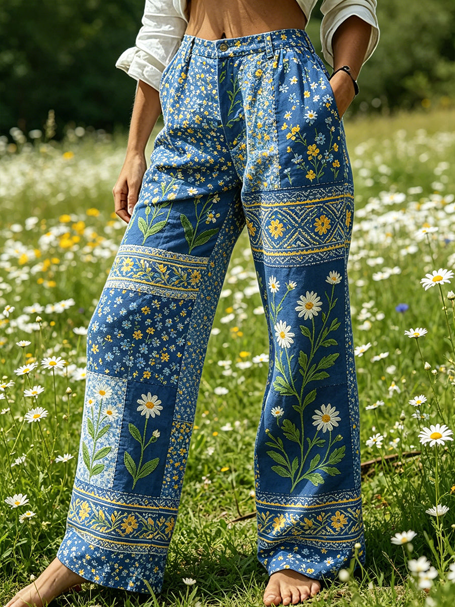 Women's Midsummer-Themed Floral Print Casual Trousers