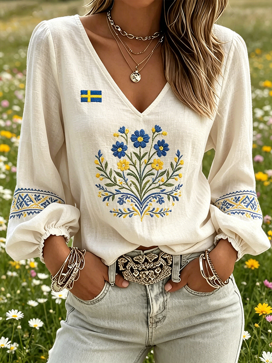 Women's Midsummer-Themed Floral Print V-Neck Puff-Sleeve Top