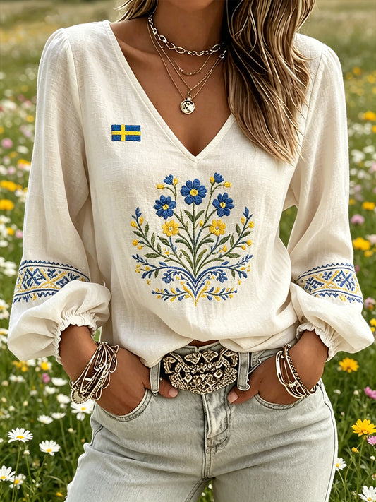 Women's Midsummer-Themed Floral Print V-Neck Puff-Sleeve Top