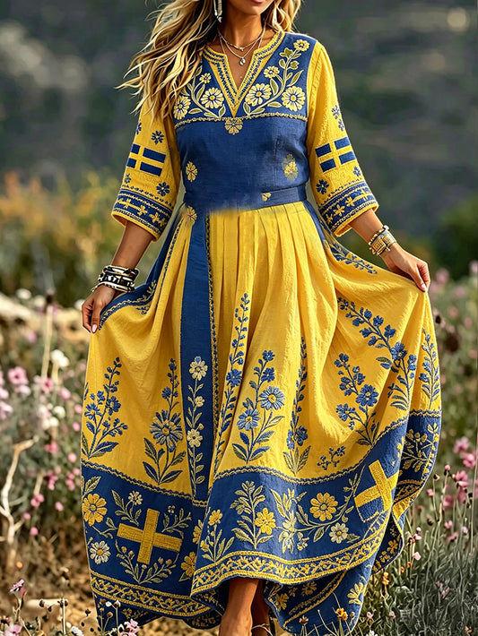 Women's Sweden Fork Art Floral Printed Linen Dresses