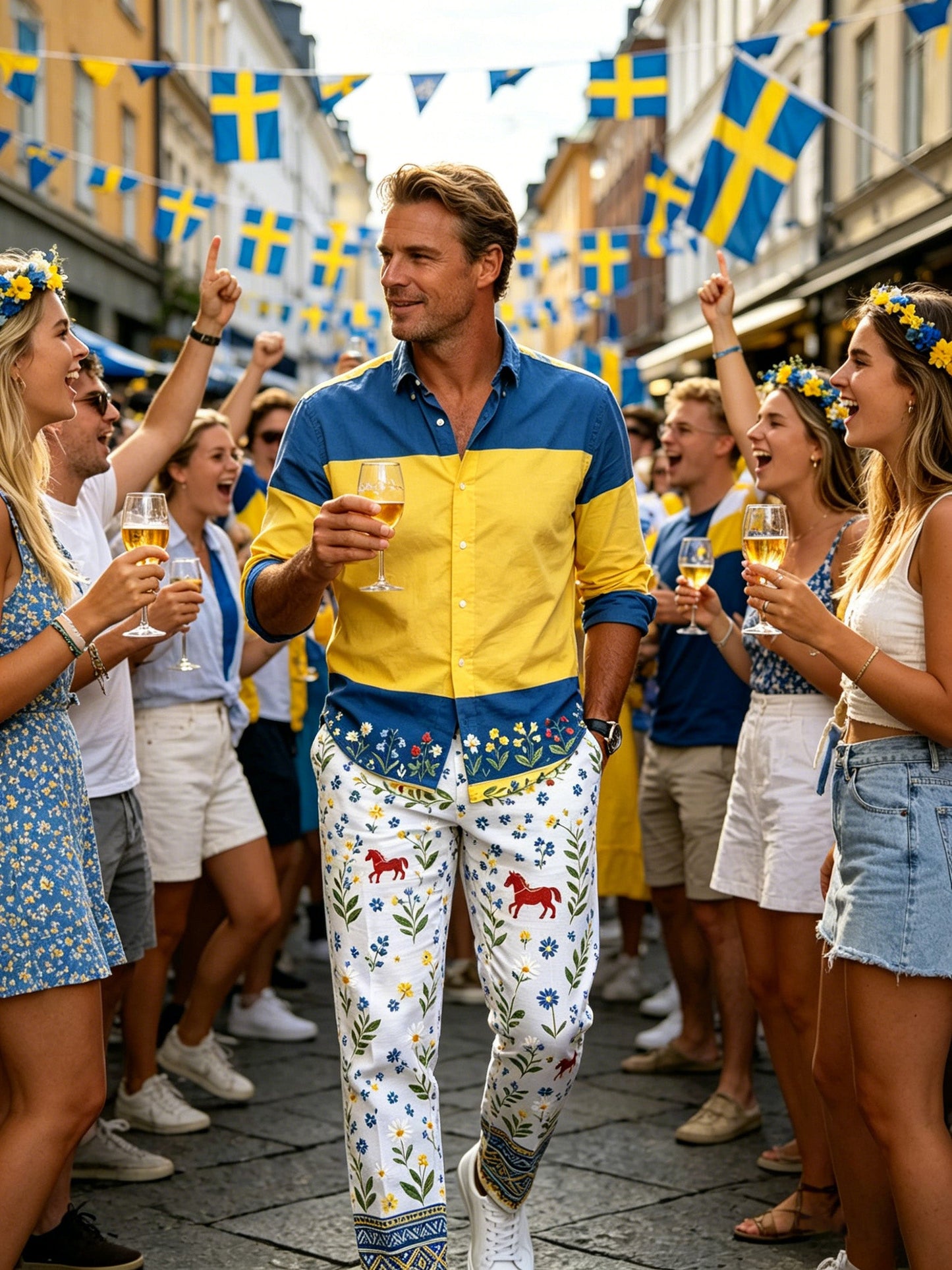 Men's Swedish Midsummer Festival Commemorative Art Print Trousers