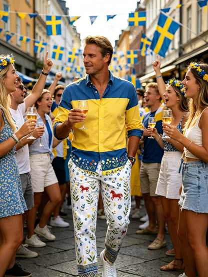 Men's Swedish Midsummer Festival Commemorative Art Print Trousers