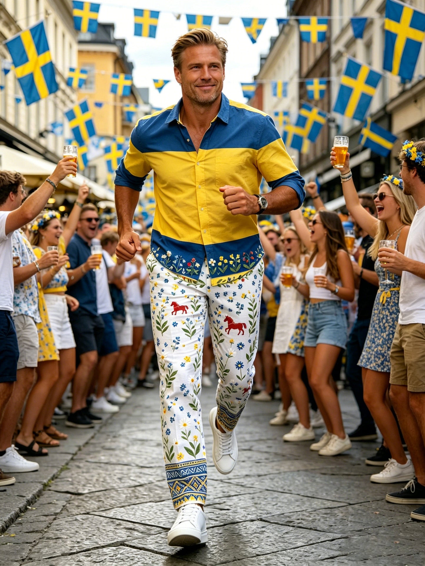 Men's Swedish Midsummer Festival Commemorative Art Print Trousers