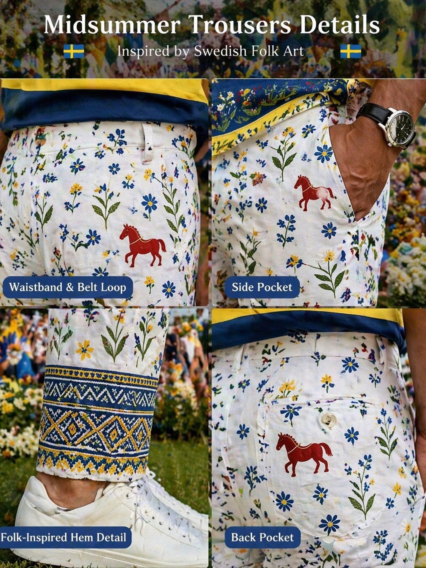Men's Swedish Midsummer Festival Commemorative Art Print Trousers