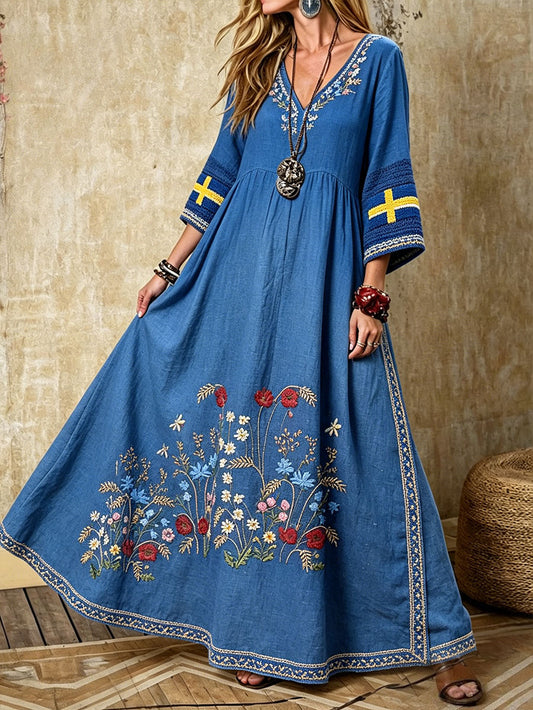 Women's Sweden Fork Art Floral Printed Linen Dresses