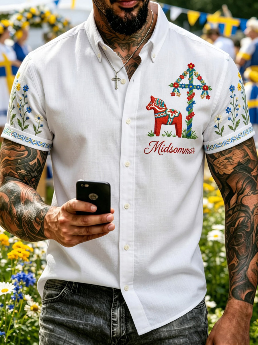 Retro Midsummer Festival Art Print Casual Shirt