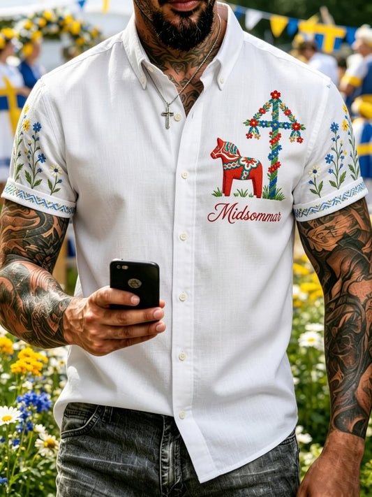 Retro Midsummer Festival Art Print Casual Shirt