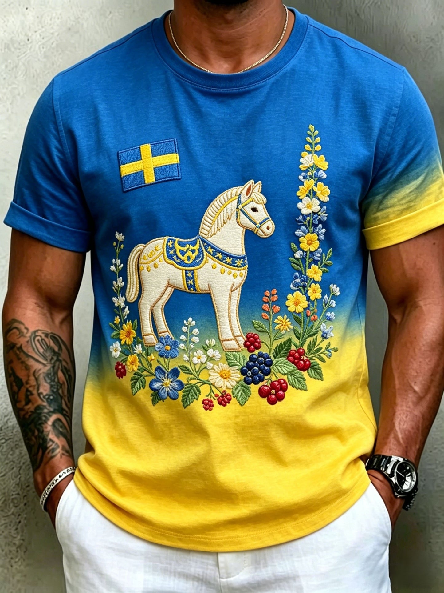 Men's Retro Swedish Midsummer Folk Floral Short-Sleeve T-Shirt