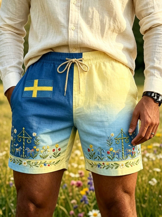 Men's Retro Swedish Midsummer Folk Floral Cotton-Linen Short Pants