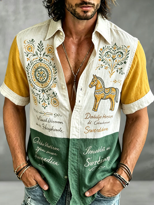 Men's Swedish National Day Commemorative Short-Sleeve Shirt With Artistic Print