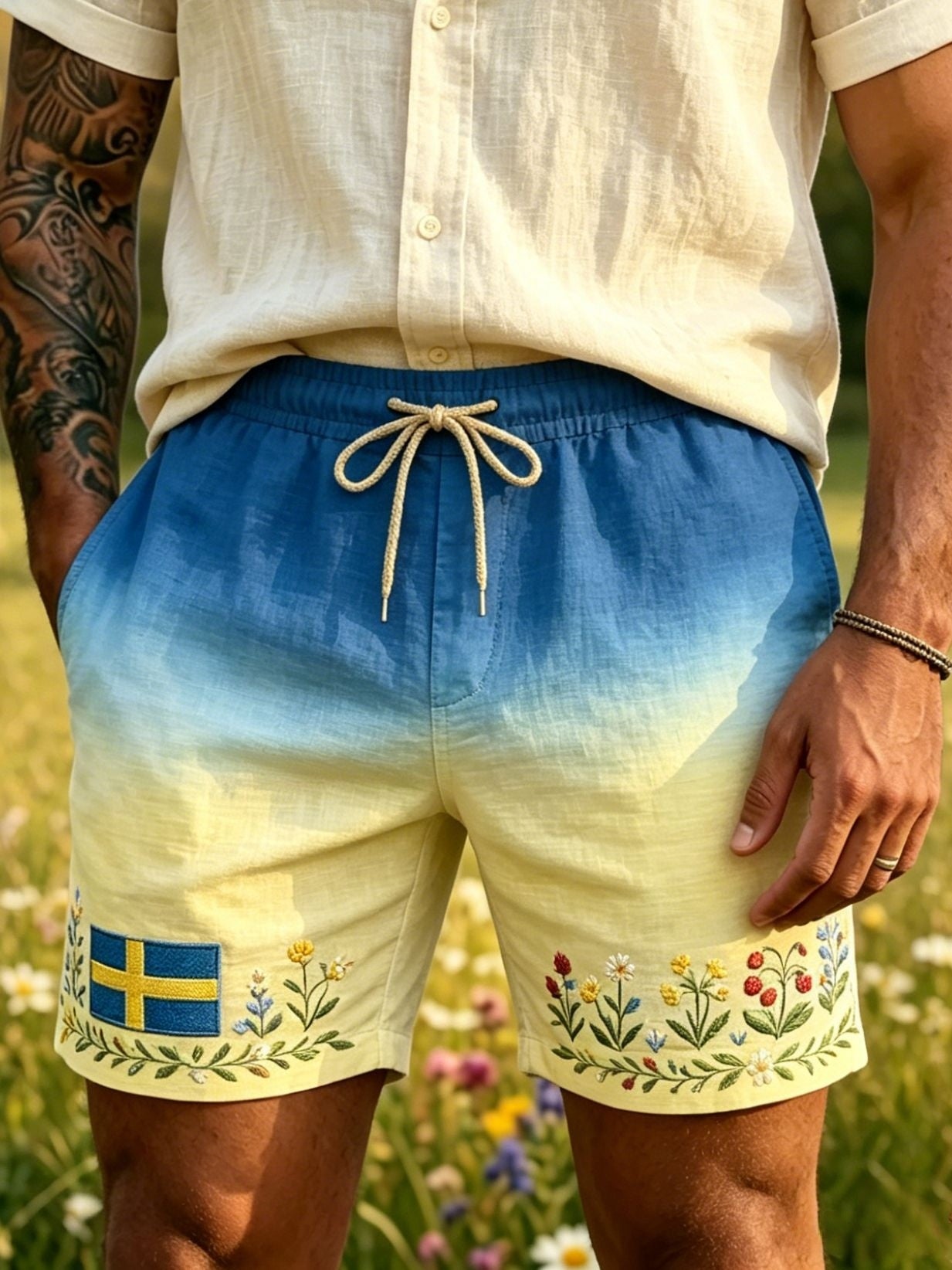 Men's Retro Swedish Midsummer Folk Floral Cotton-Linen Short Pants