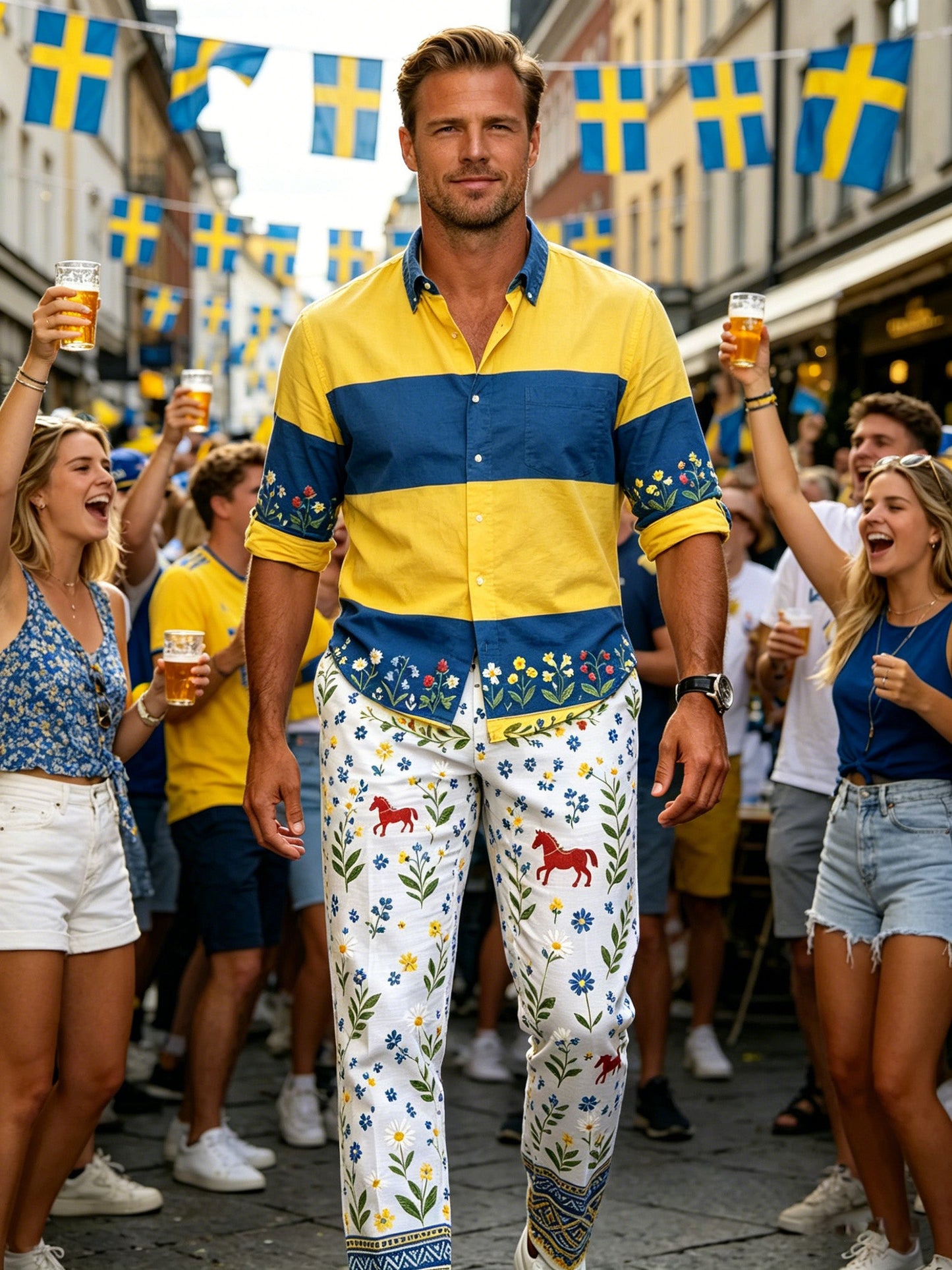 Men's Swedish Midsummer Festival Commemorative Art Print Trousers