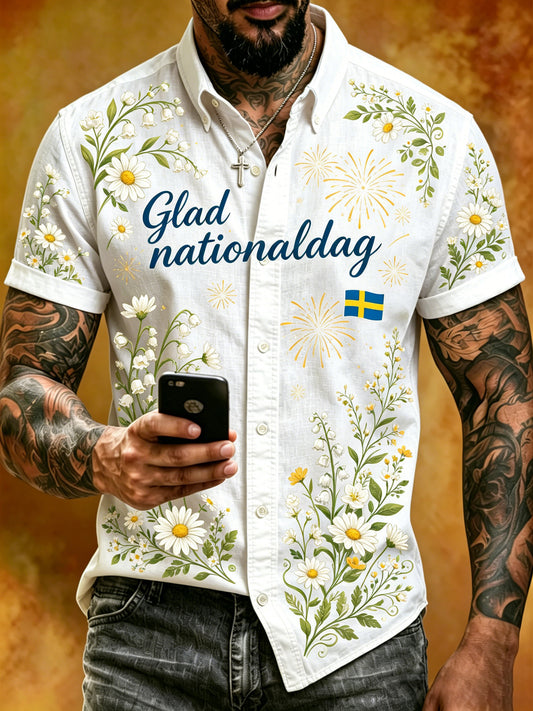 Men's Swedish National Day Commemorative Short-Sleeve Shirt With Artistic Print