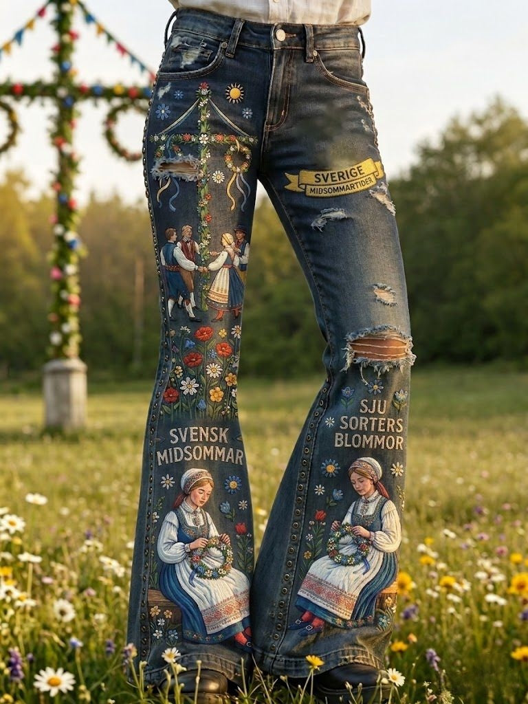 Women's Retro Swedish Midsummer Folk Floral Print Flared Trousers