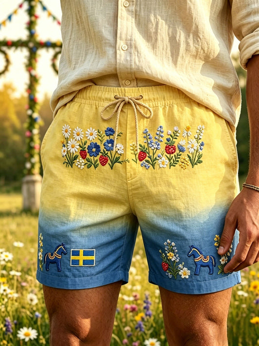 Men's Retro Swedish Midsummer Folk Floral Cotton-Linen Short Pants