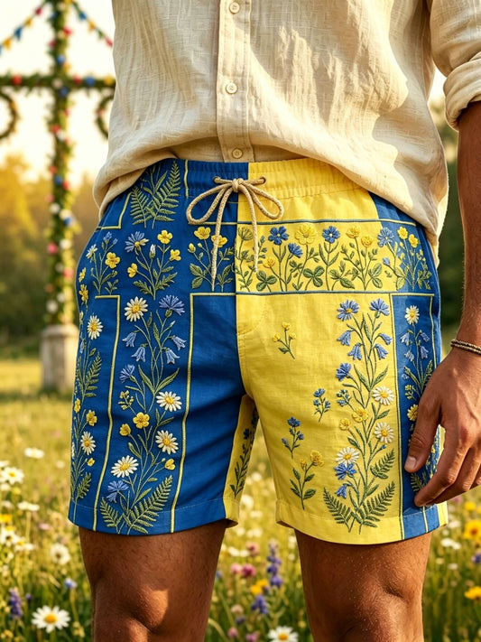 Men's Retro Swedish Midsummer Folk Floral Cotton-Linen Short Pants
