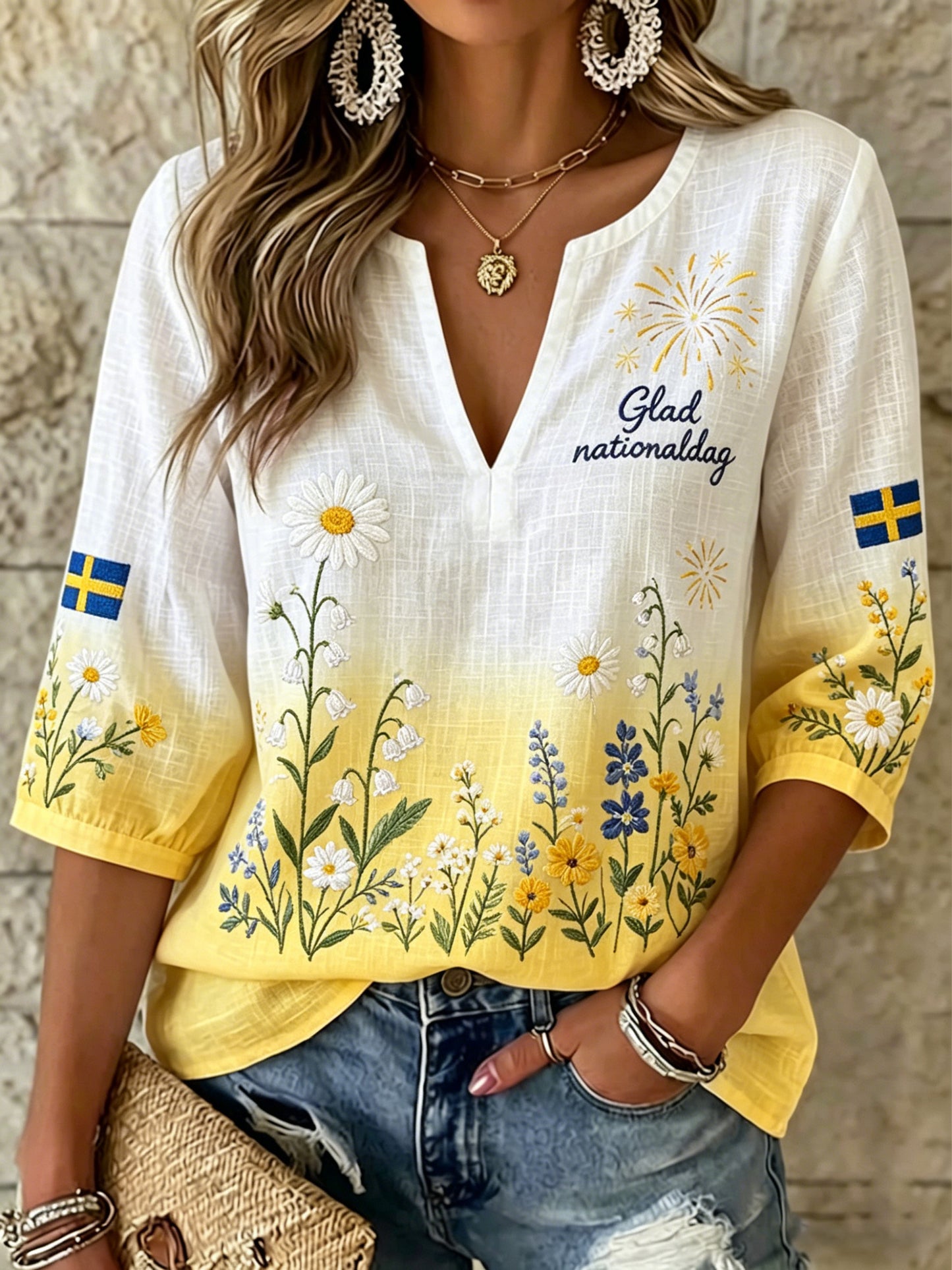Women's Swedish National Day Commemorative Art Print V-Neck Top